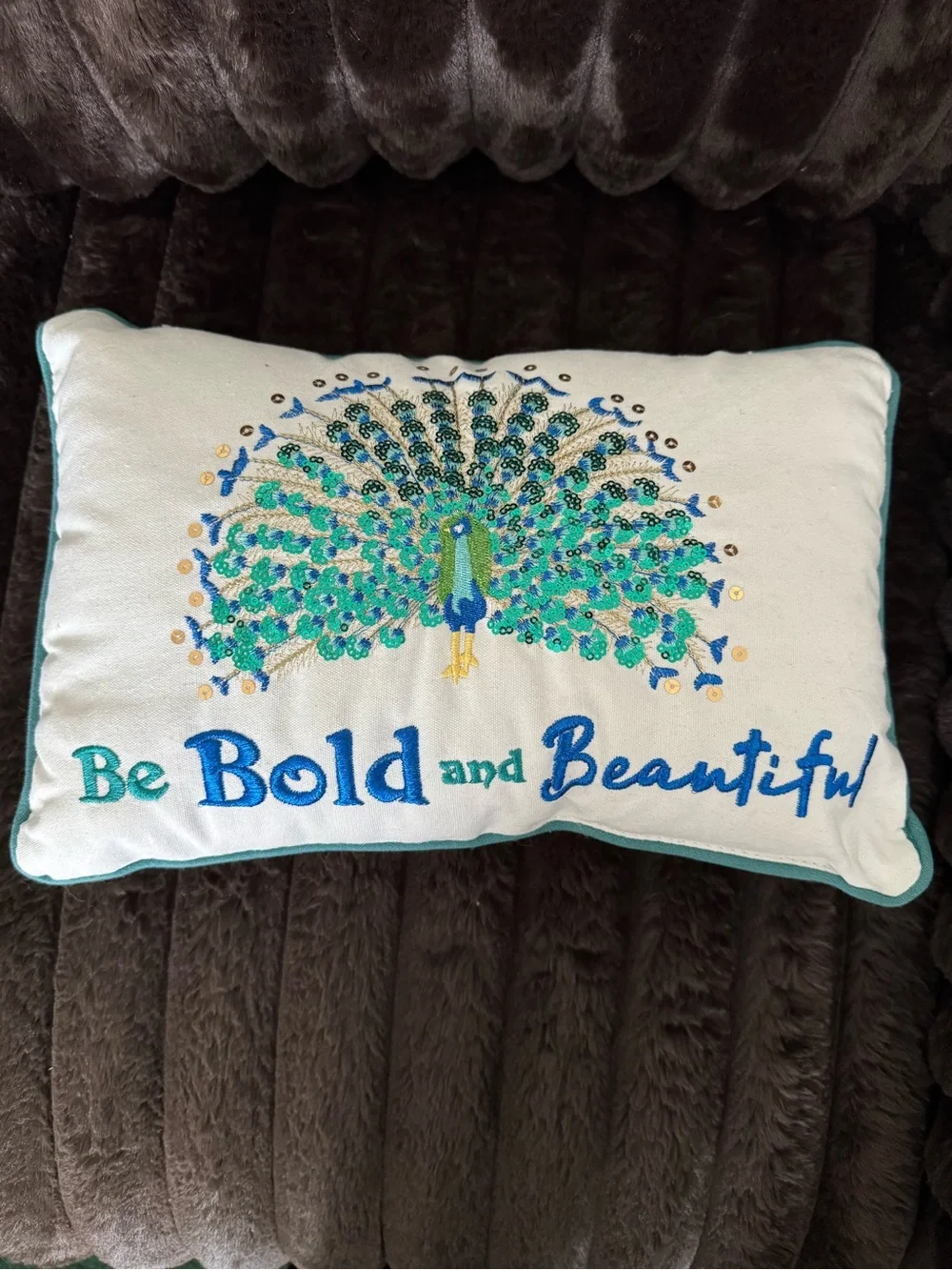 Be Bold and Beautiful Embroidered Peacock Pillow - White and Teal